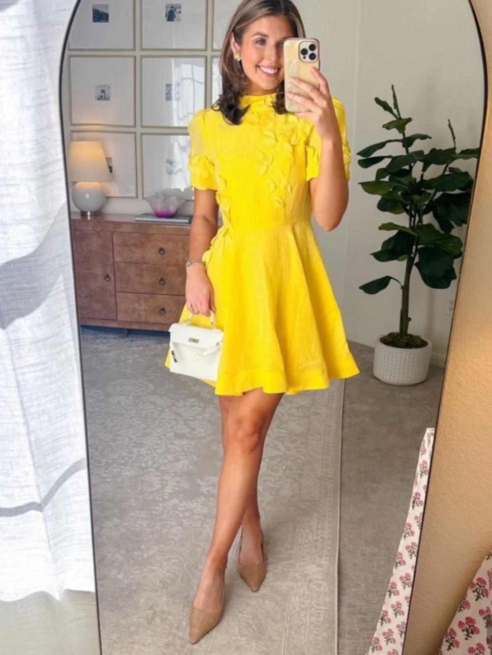 NWT Antonio Melani Iris Linen Floral Appliqué Sunshine Yellow Mockneck Dress