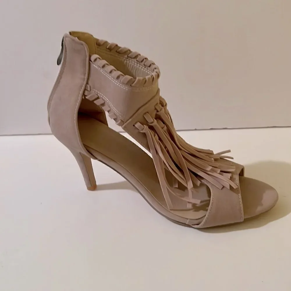 Tan Peep Toe Sandals With Lots of Fringe and Whip Stitching Detail Europe 42
