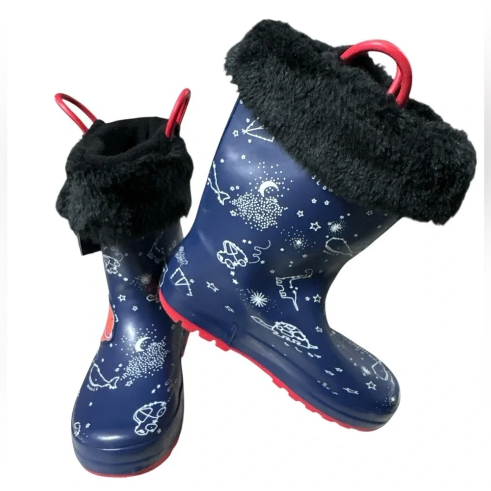 NOVA Navy Space Rocket Rain Boots with Removable Fur Lining - Kids Size 13