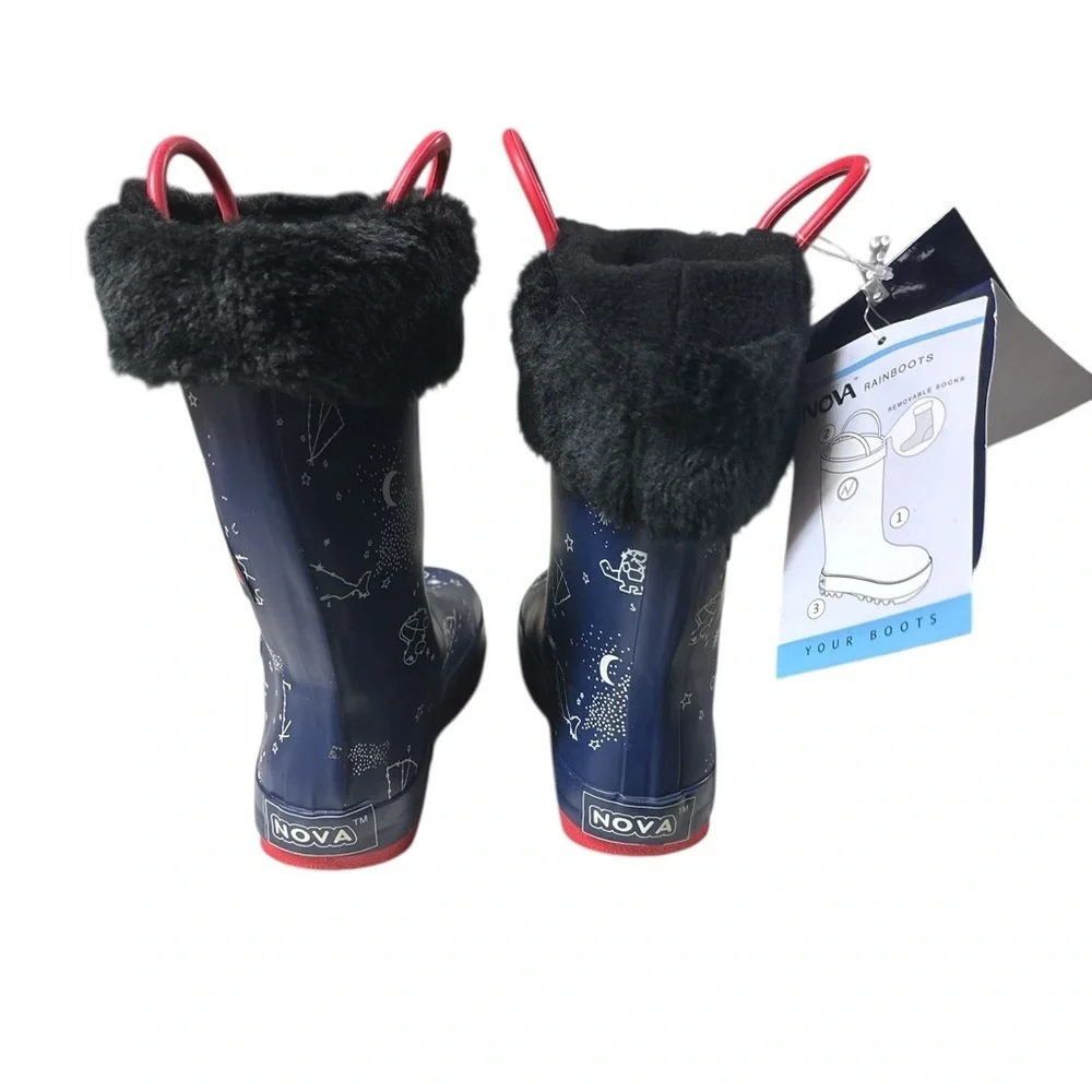 NOVA Navy Space Rocket Rain Boots with Removable Fur Lining - Kids Size 13
