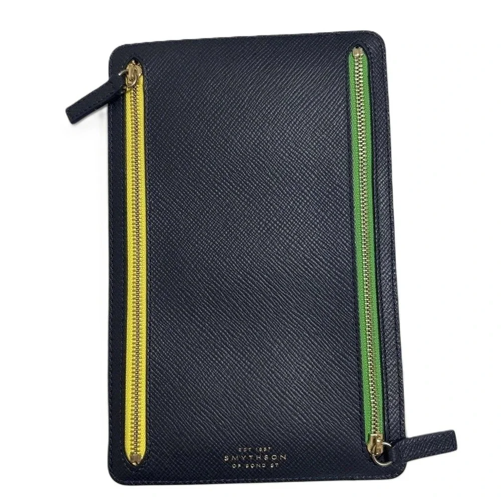 SMYTHSON Panama Travel‎ Wallet Navy Leather Document Holder Zip Bond Street
