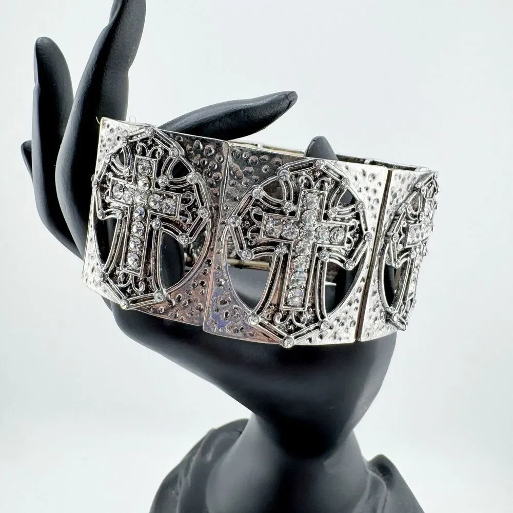 Vintage Silver Rhinestone Cross Stretch Bracelet Gothic Western Faith Chunky