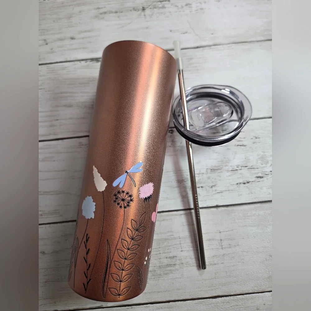 Insulated Rose Gold Floral Tumbler with Straw