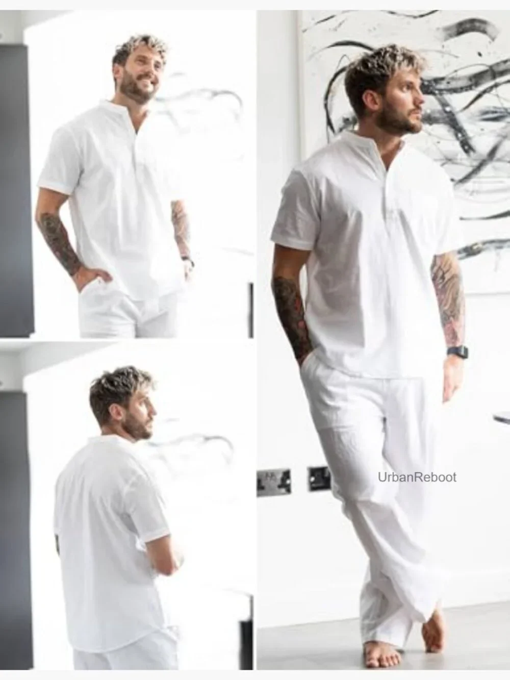 Men's 2 Piece Cotton Linen Set Casual Short Sleeve Henley Beach Yoga Outfits