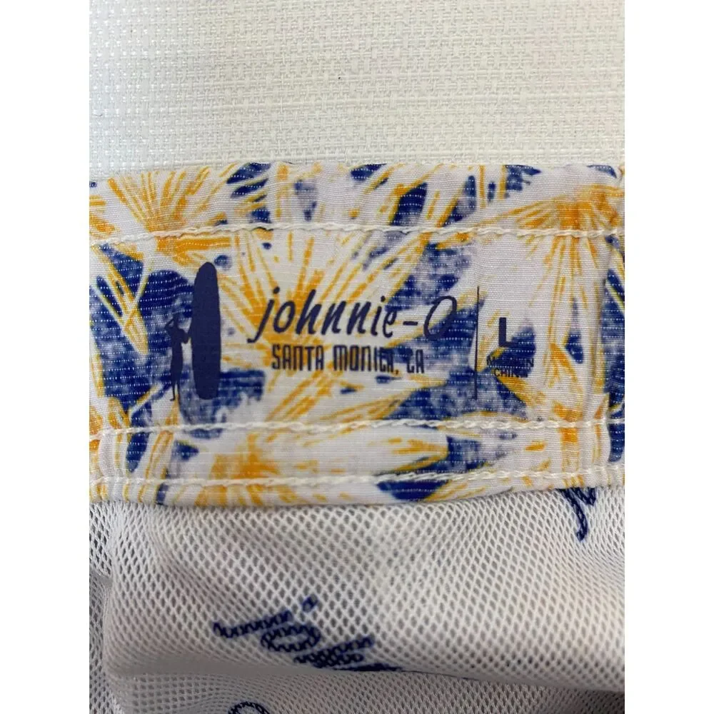 Johnnie-O Grenada Swim Trunk Shorts Men L Yellow Blue Hawaiian Preppy Vacation