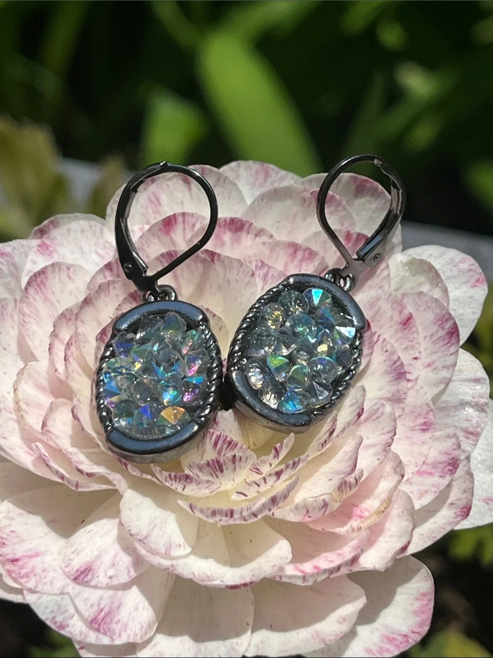 Iridescent Crystal Drop Earrings in Blue-Green