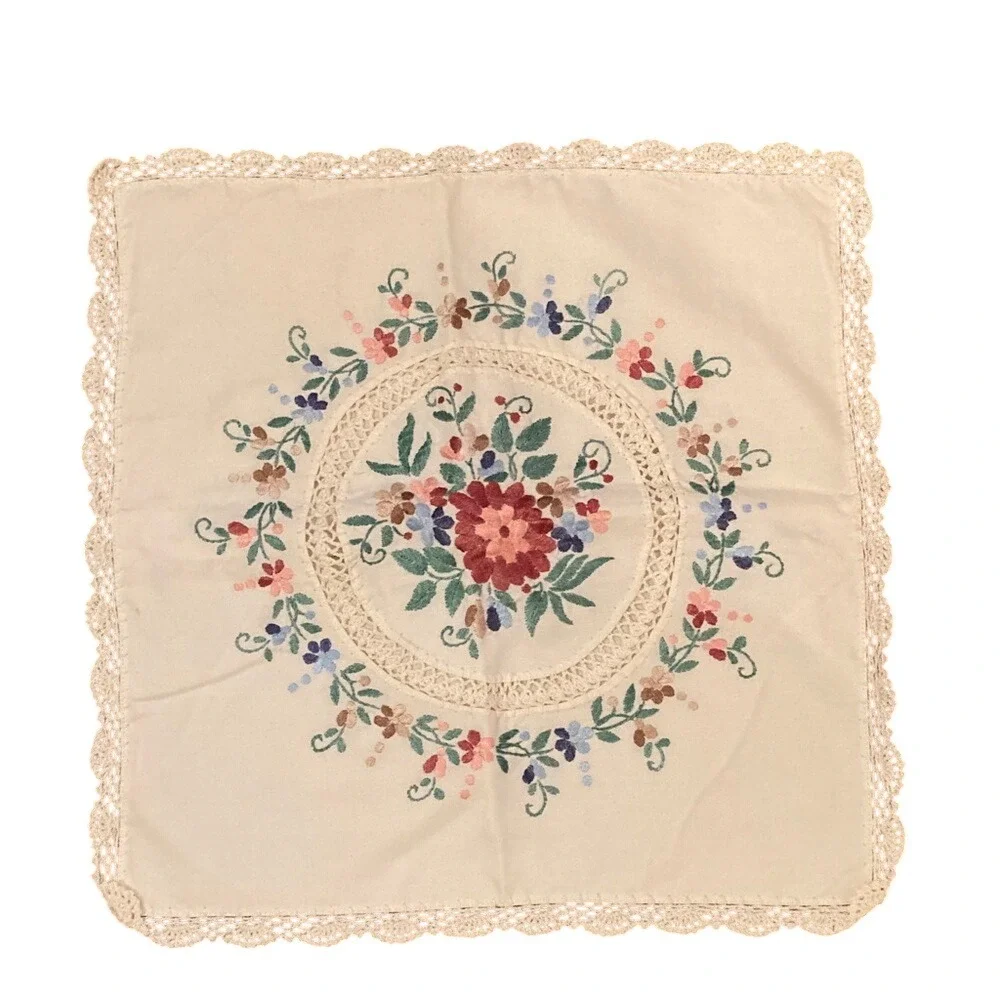 Handcrafted‎ Floral Embroidered Lace Cotton Pillow Cover 16x16