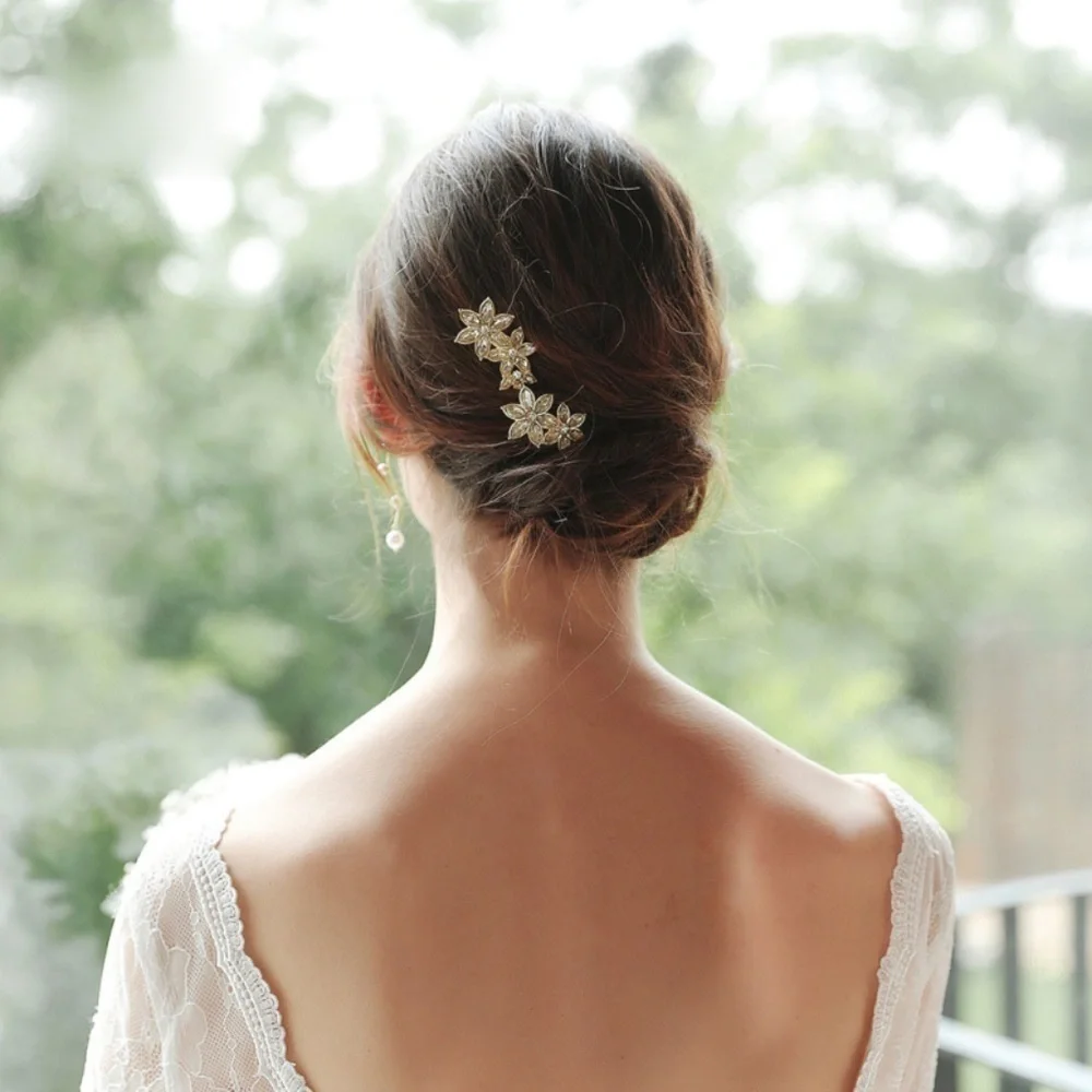 *PRISCILLA* 2-Pc Gold Rhinestone Flower Hair Clip