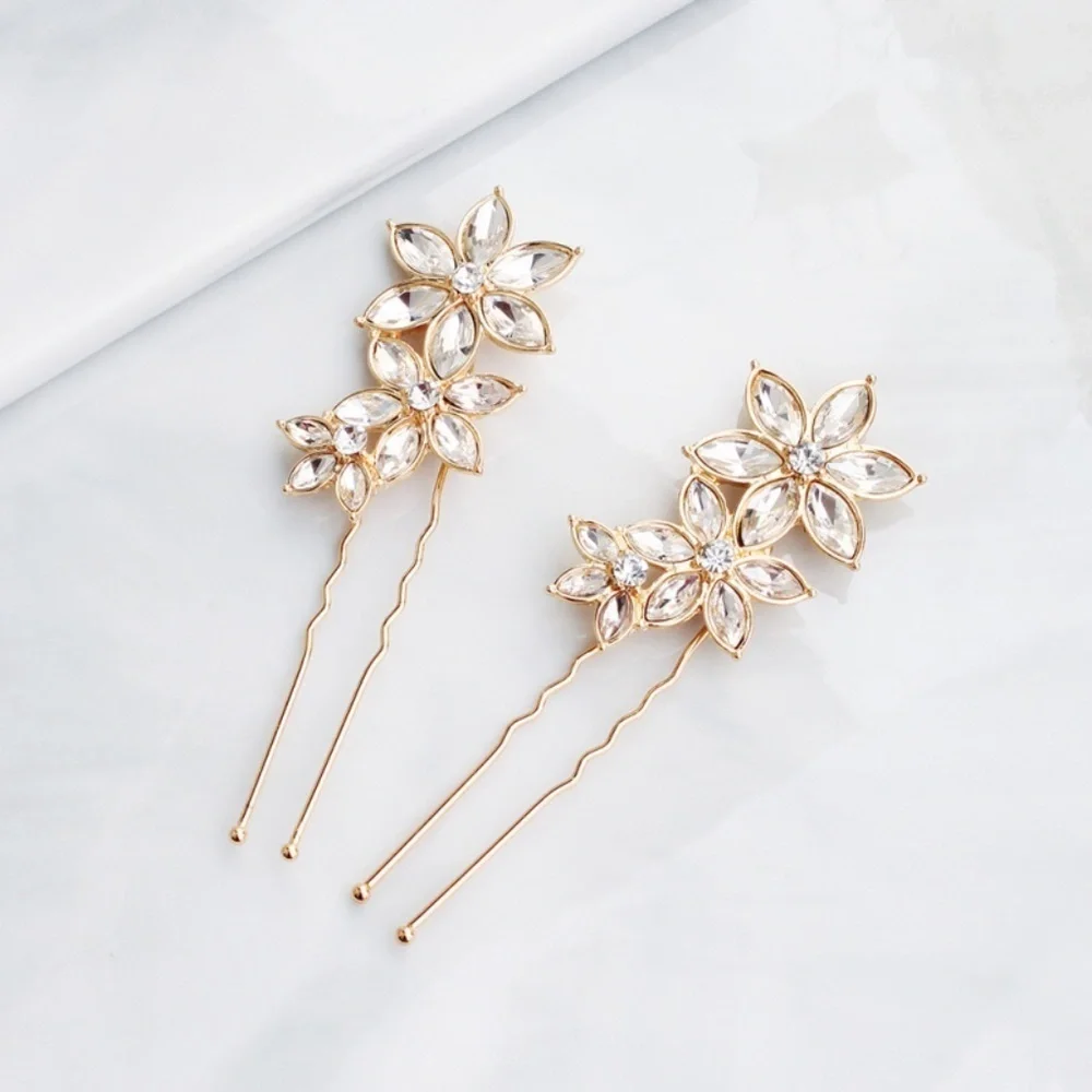 *PRISCILLA* 2-Pc Gold Rhinestone Flower Hair Clip
