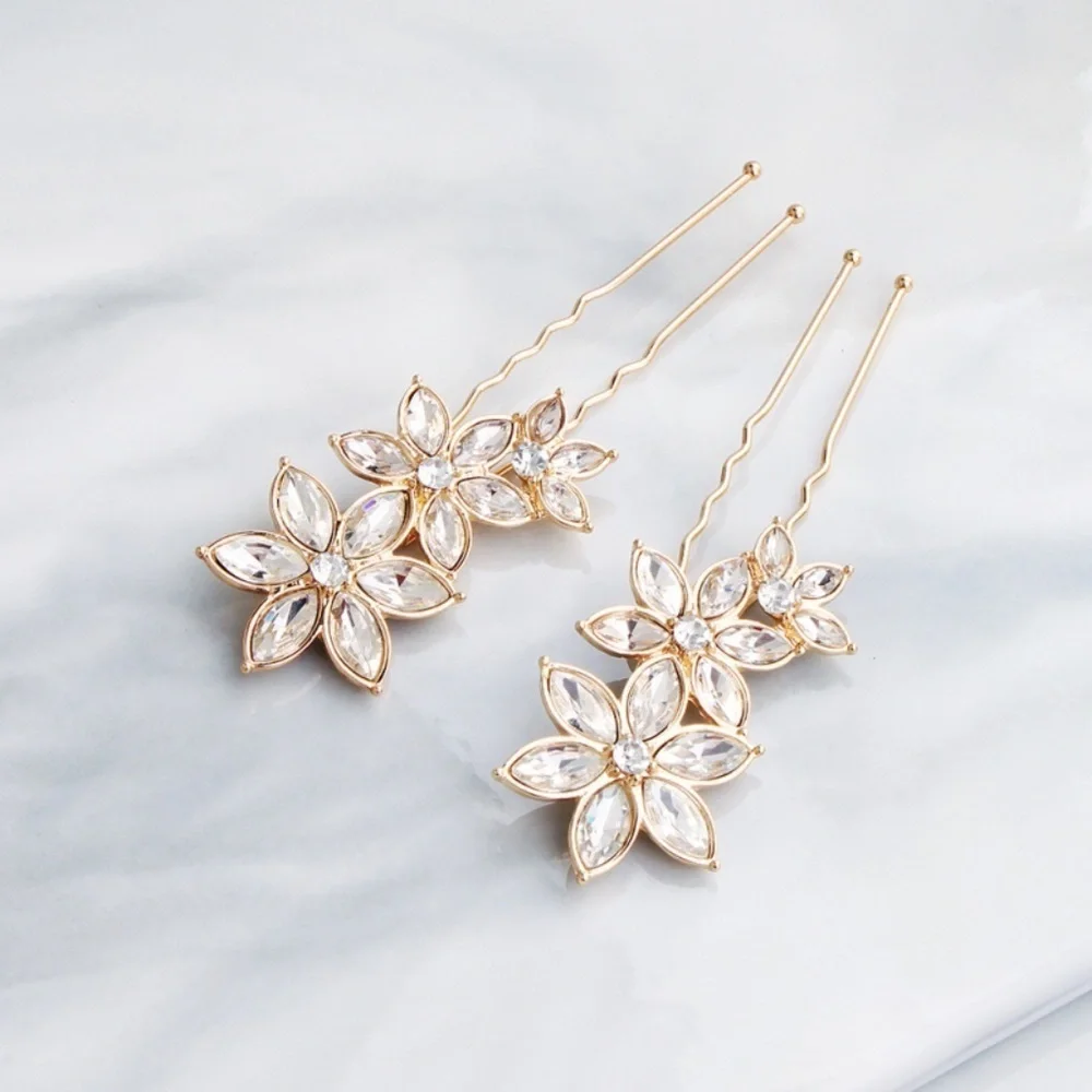 *PRISCILLA* 2-Pc Gold Rhinestone Flower Hair Clip