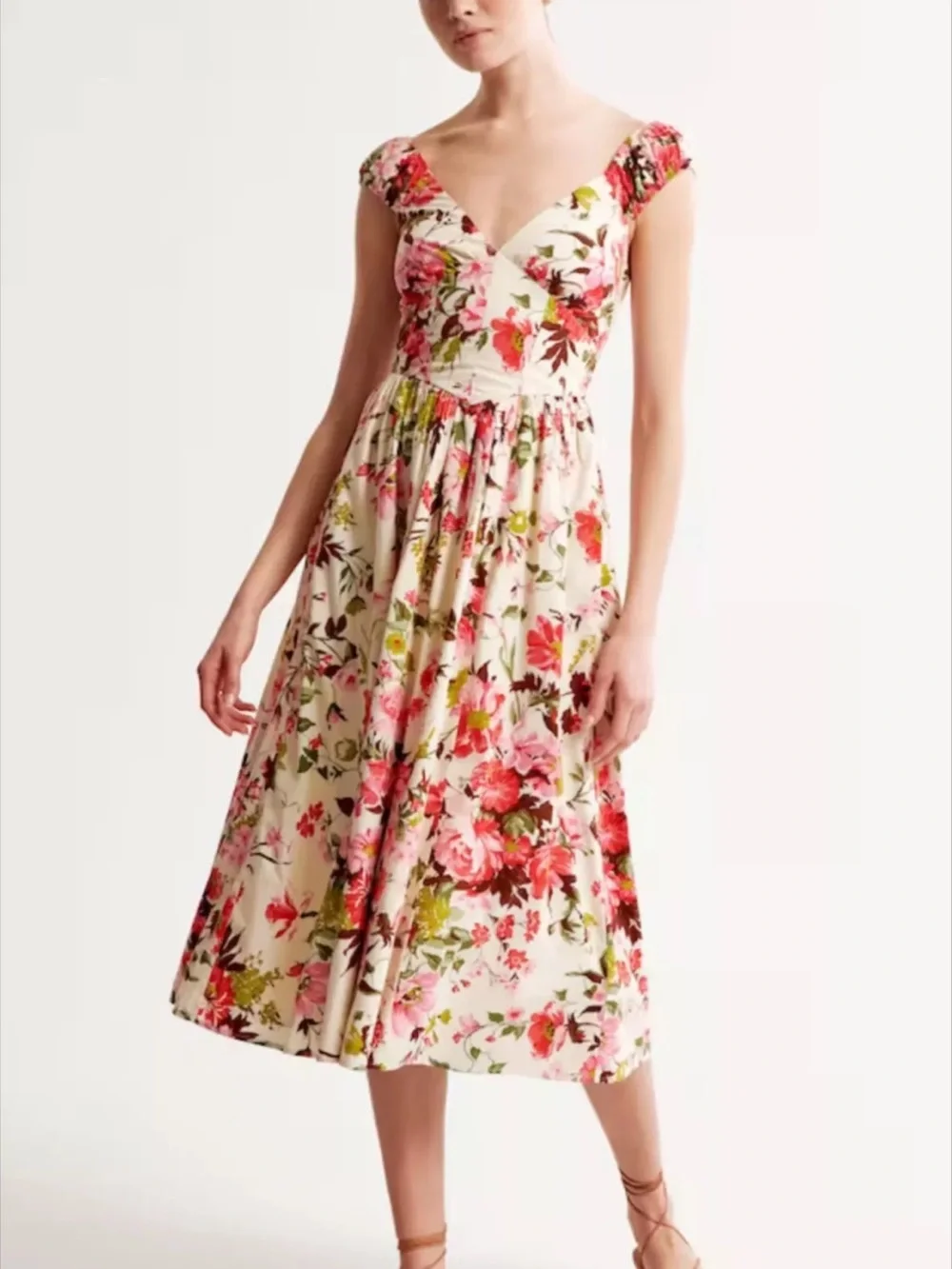 Abercrombie & Fitch Floral Cap Sleeve Corset Midi Dress