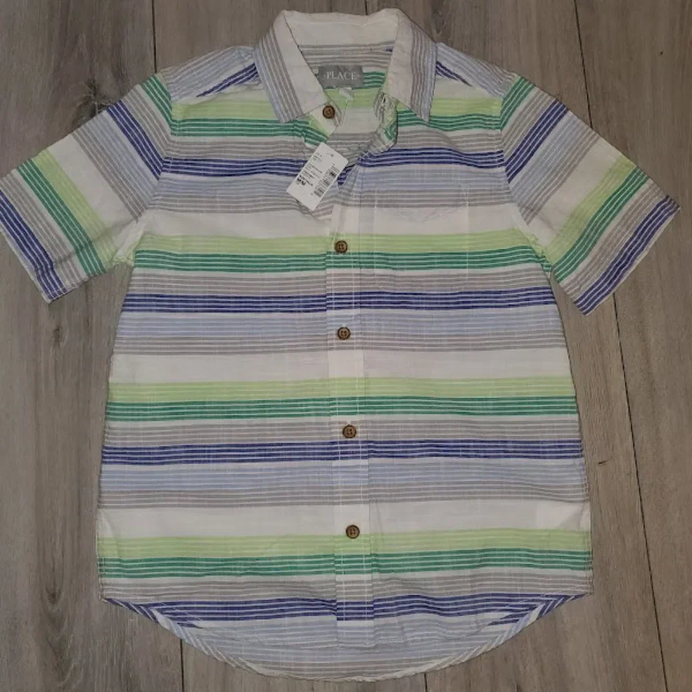 The Children's Place Green Boys Short Sleeve Striped Button Down Shirt S…