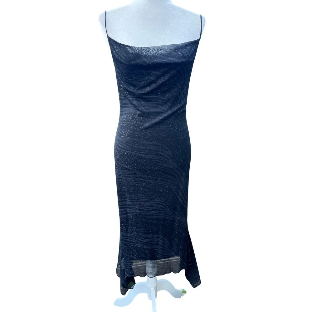 VTG FOREVER 21 Black Sparkle Cowl Neck Midi Dress Assymetric Hem S‎ Goth Y2K