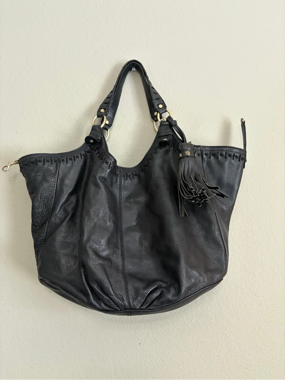 SIGRID OLSEN large black slouchy 100% leather hobo shoulder bag