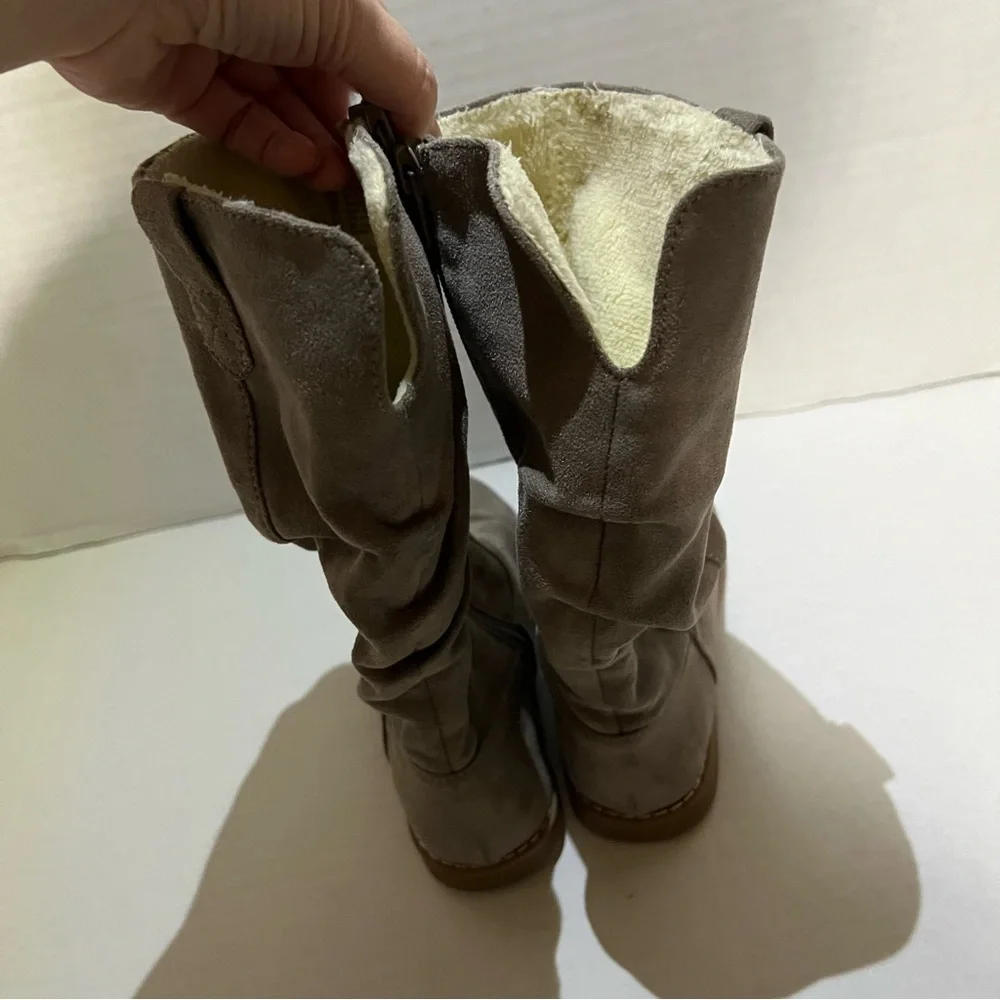 Olive & Edie Tessa Boots Brown Faux Fur Lined Mid Calf Boots Girls 1M Slouch Zip
