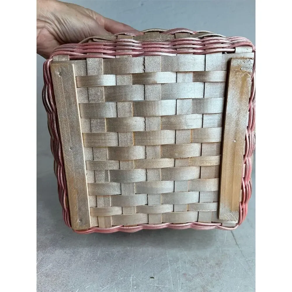 Vintage Pink and wood Woven‎ Basket with Handle 9”x9” Round