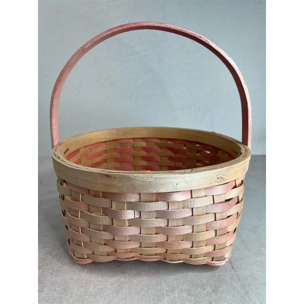 Vintage Pink and wood Woven‎ Basket with Handle 9”x9” Round