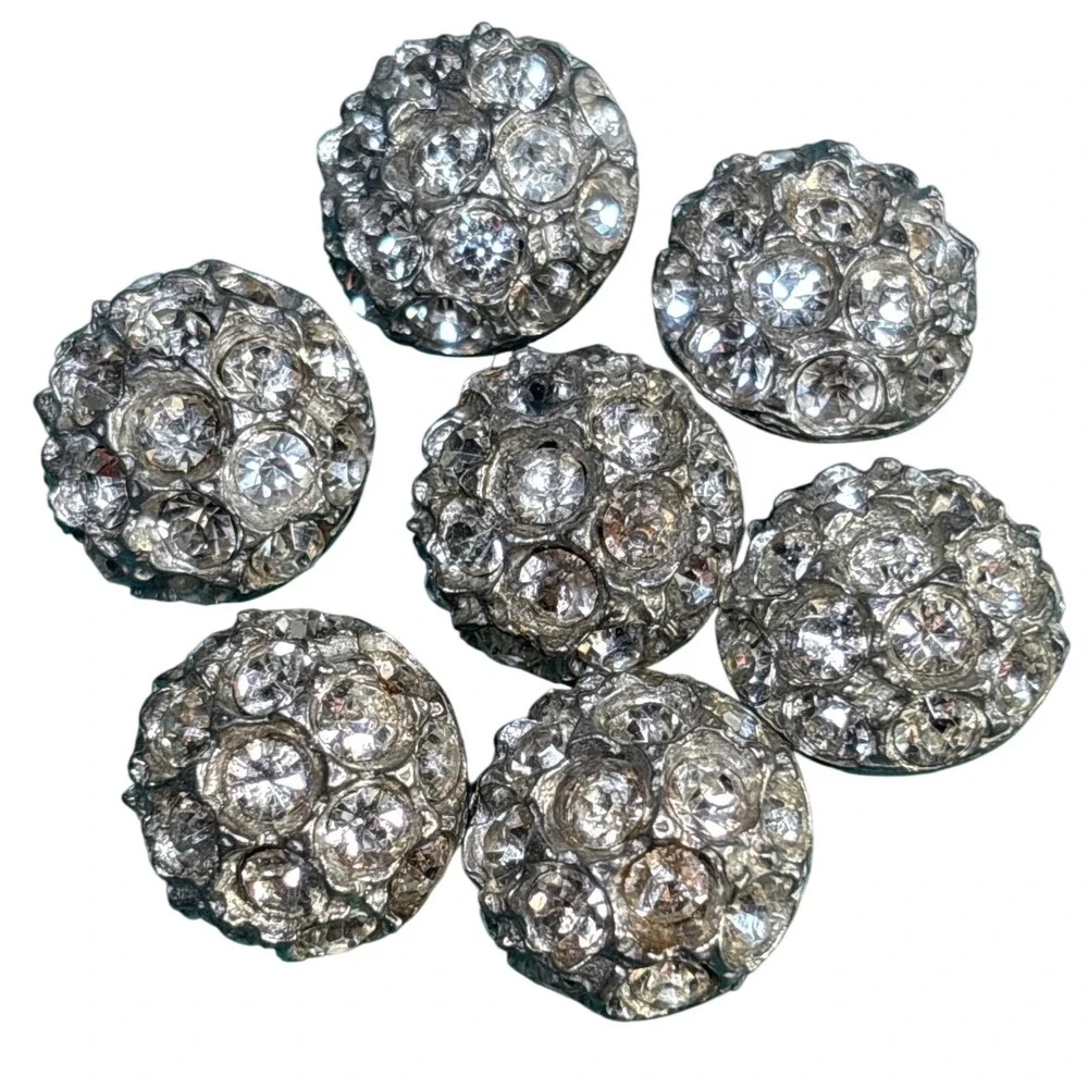 7pc Silver Clear Rhinestone Domed Shank Buttons Antique Style Round Pavé Crystal