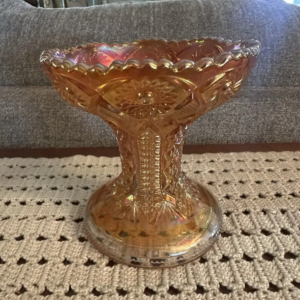 Vtg Imperial Glass Hobstar Marigold Carnival Glass Vase Punch Bowl Pedestal 5