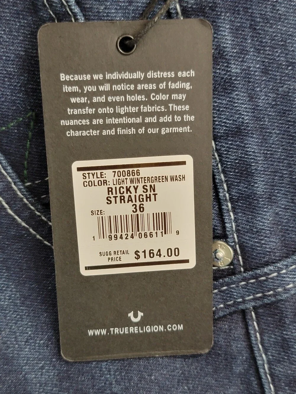Ricky SN Straight Wintergreen True Religion Waist 36X34 Men's Jeans 700866 New
