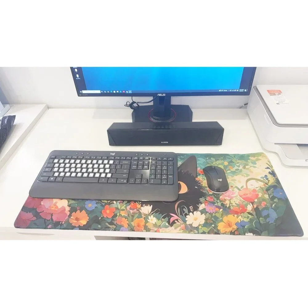 31x 11.5'' Black Cat in Floral Garden Extended Mouse Pad for Home Office