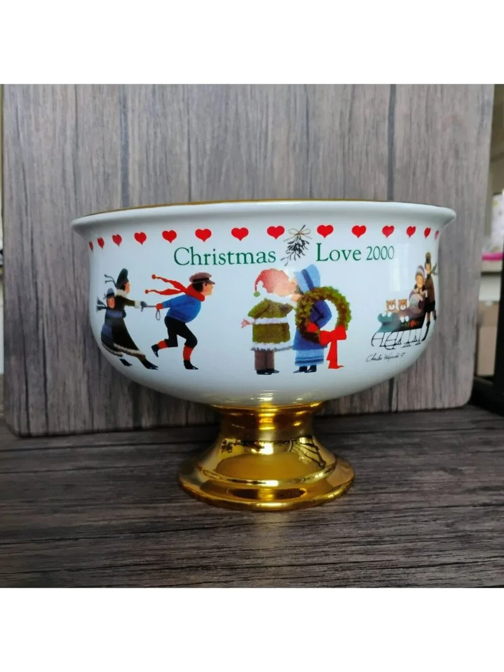Vintage Teleflora Charles Wysocki Christmas Bowl Love 2000 Pedestal Gold Trim 8