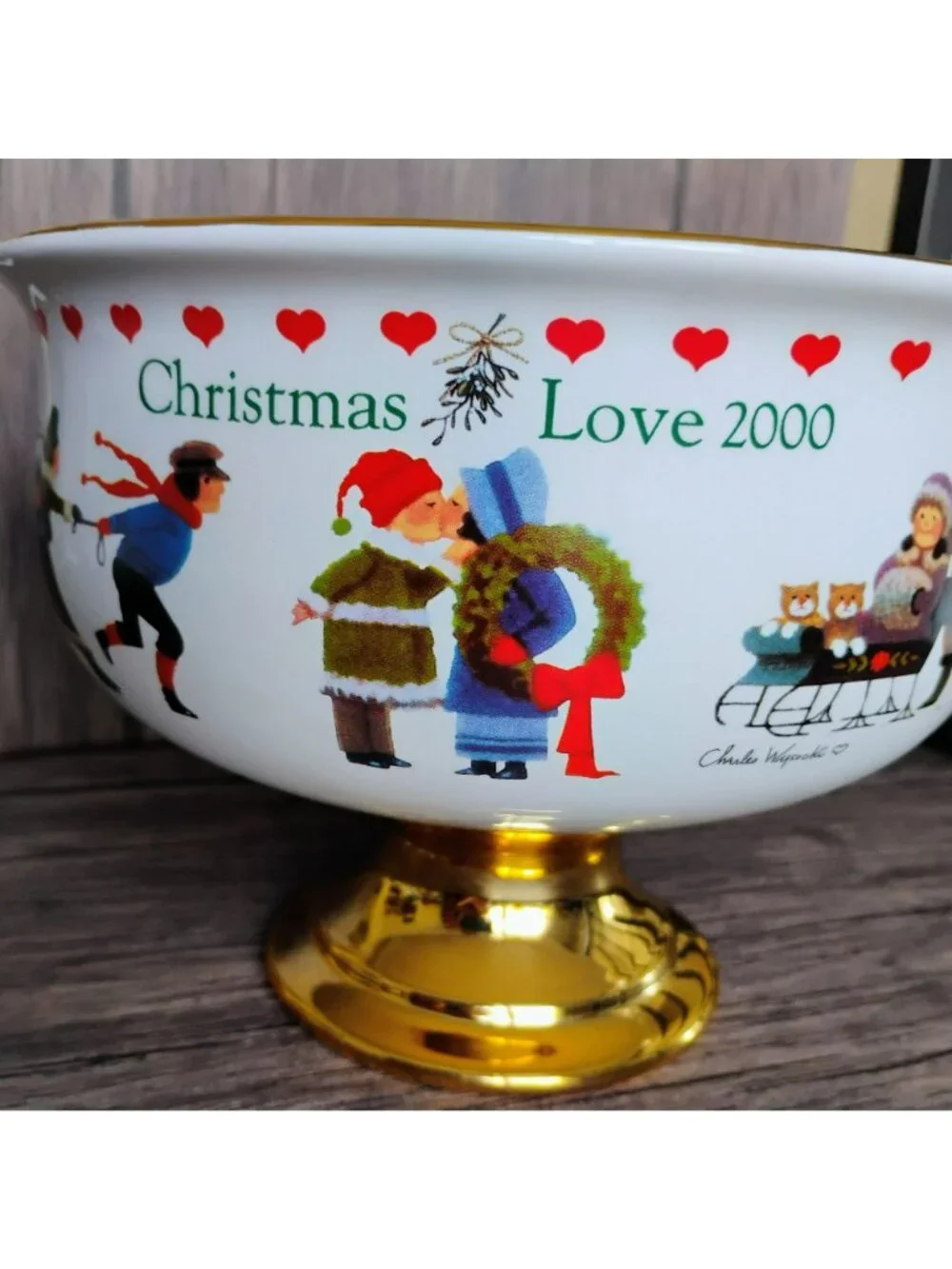 Vintage Teleflora Charles Wysocki Christmas Bowl Love 2000 Pedestal Gold Trim 8