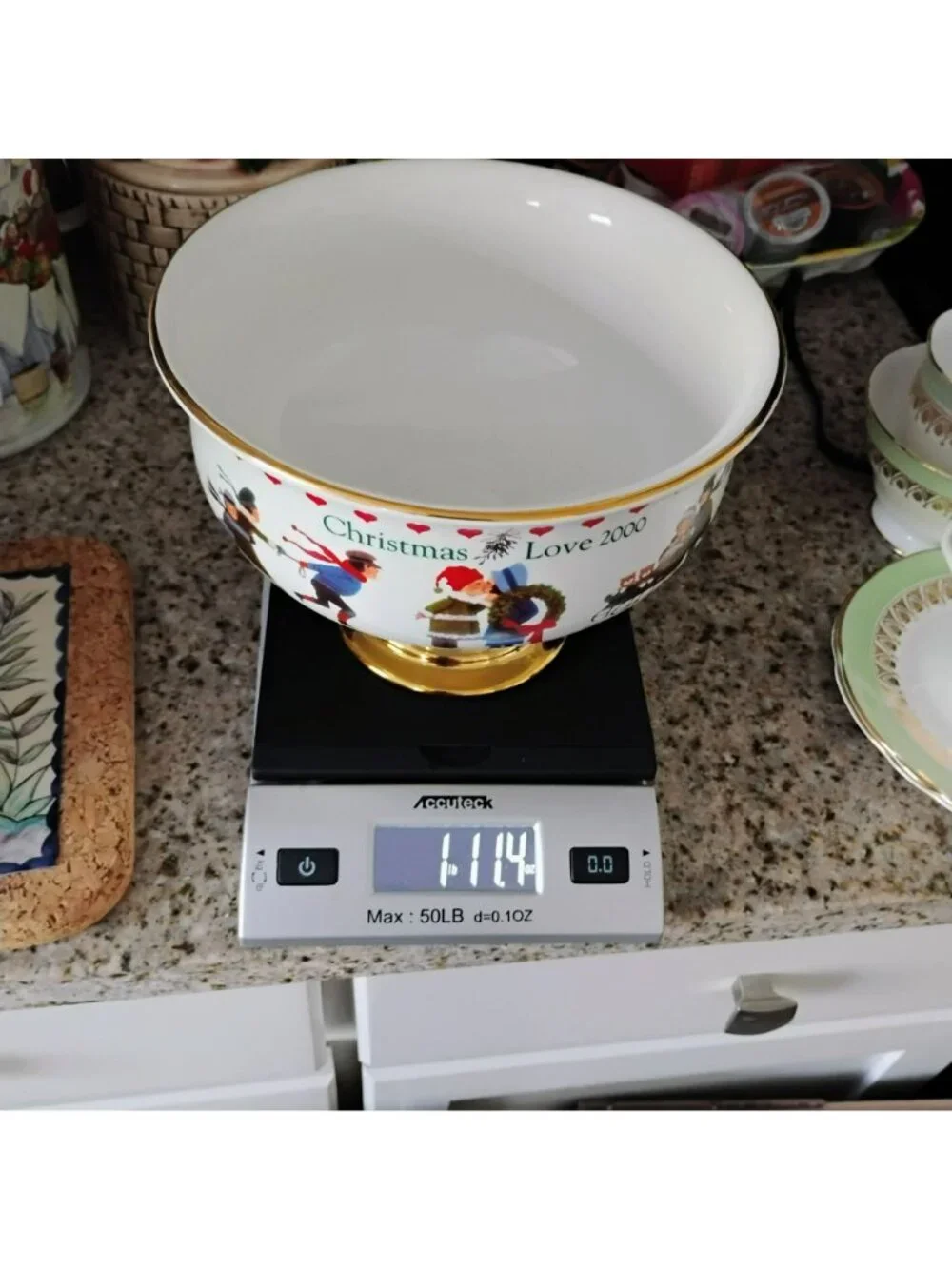 Vintage Teleflora Charles Wysocki Christmas Bowl Love 2000 Pedestal Gold Trim 8