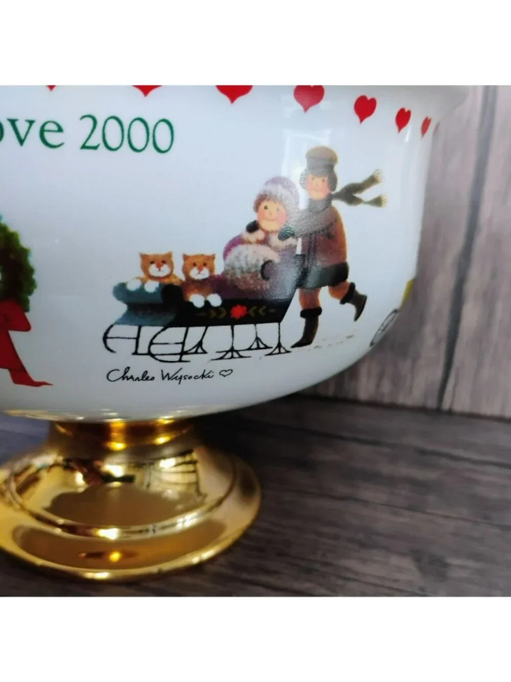 Vintage Teleflora Charles Wysocki Christmas Bowl Love 2000 Pedestal Gold Trim 8