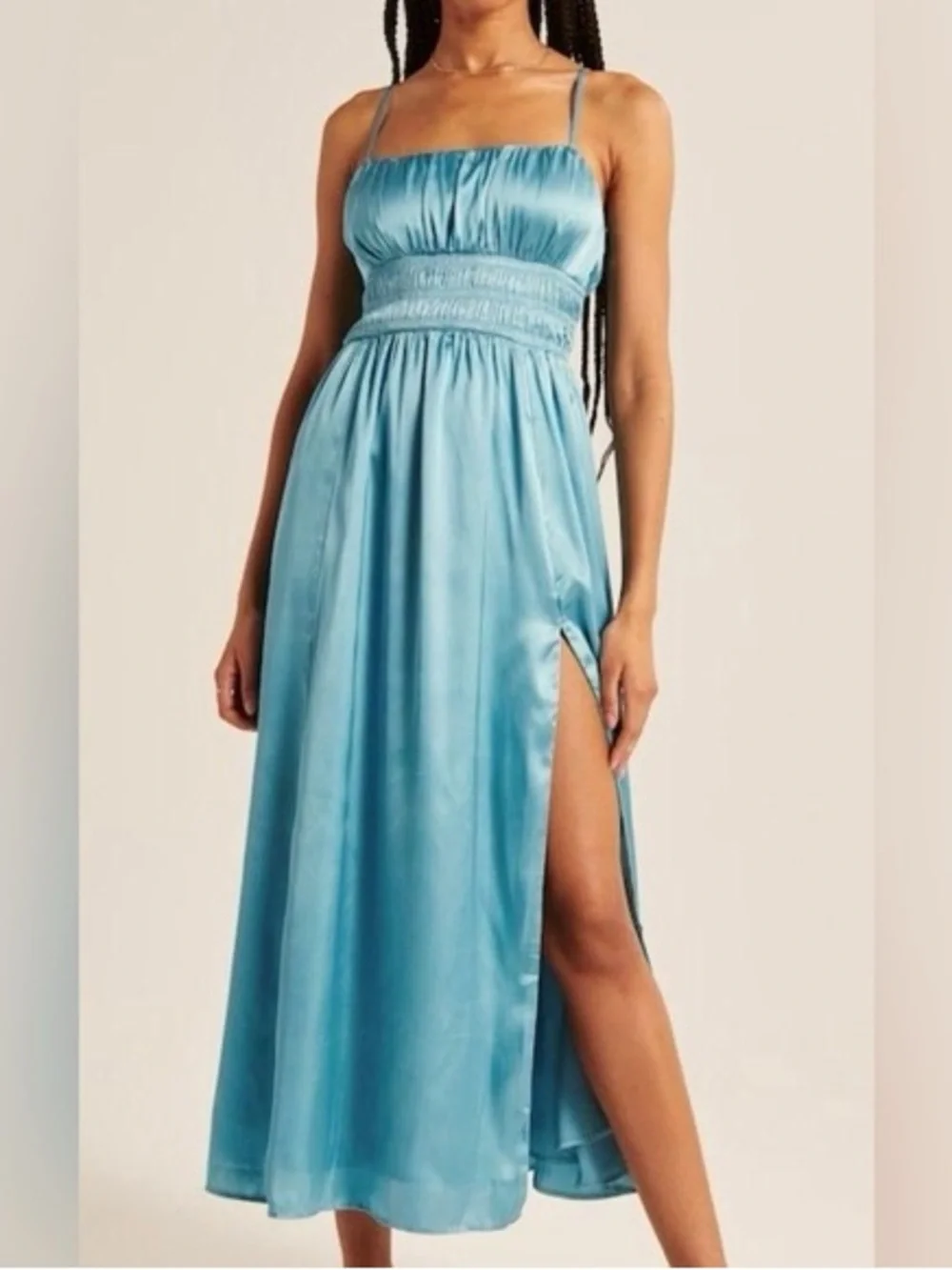 🆕NWT Abercrombie & Fitch blue satin maxi dress w/ smocked bodice & side slit.XS