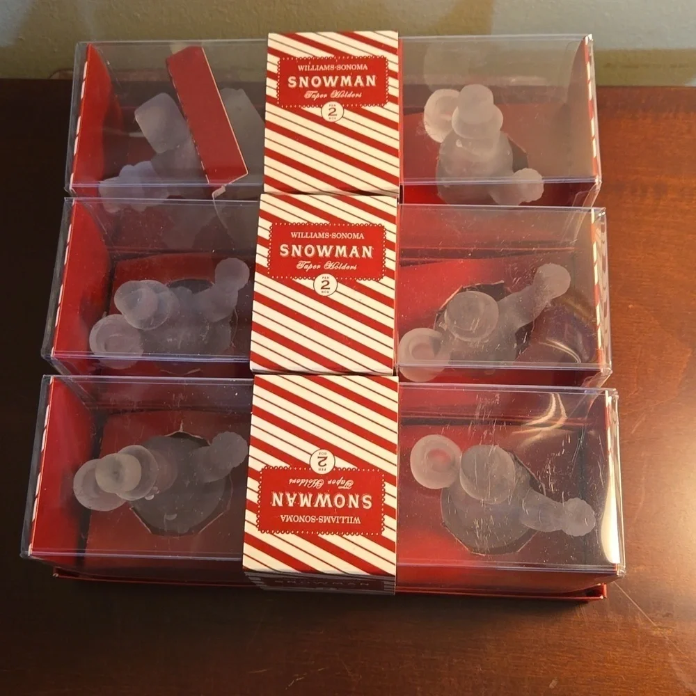 Williams-Sonoma Frosted Snowman Taper Candleholders 3 boxes New in Box