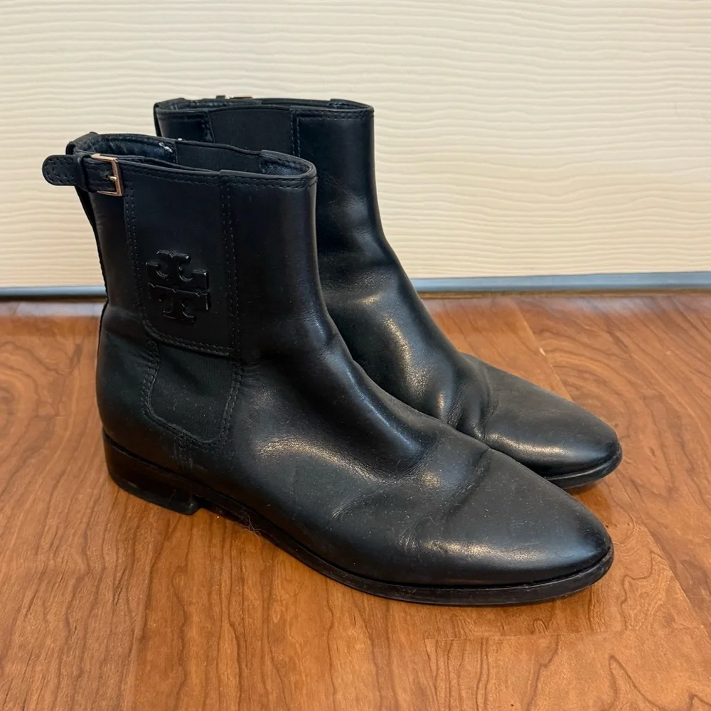 Tory Burch Wyatt Mid-Calf Leather Booties Black size 10
