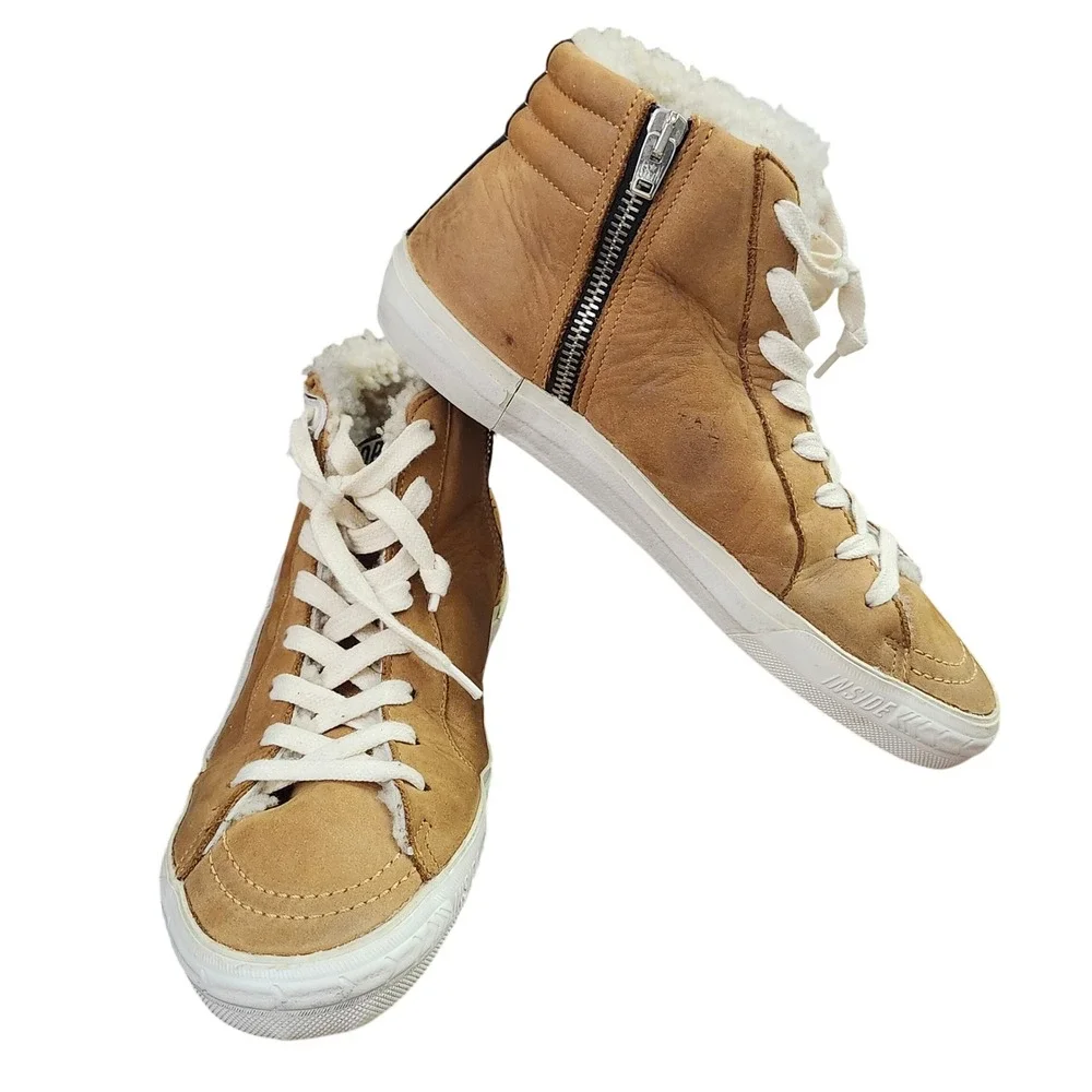 Golden Goose Slide Tan Suede Shearling Lined High Top Sneakers Silver Star 37