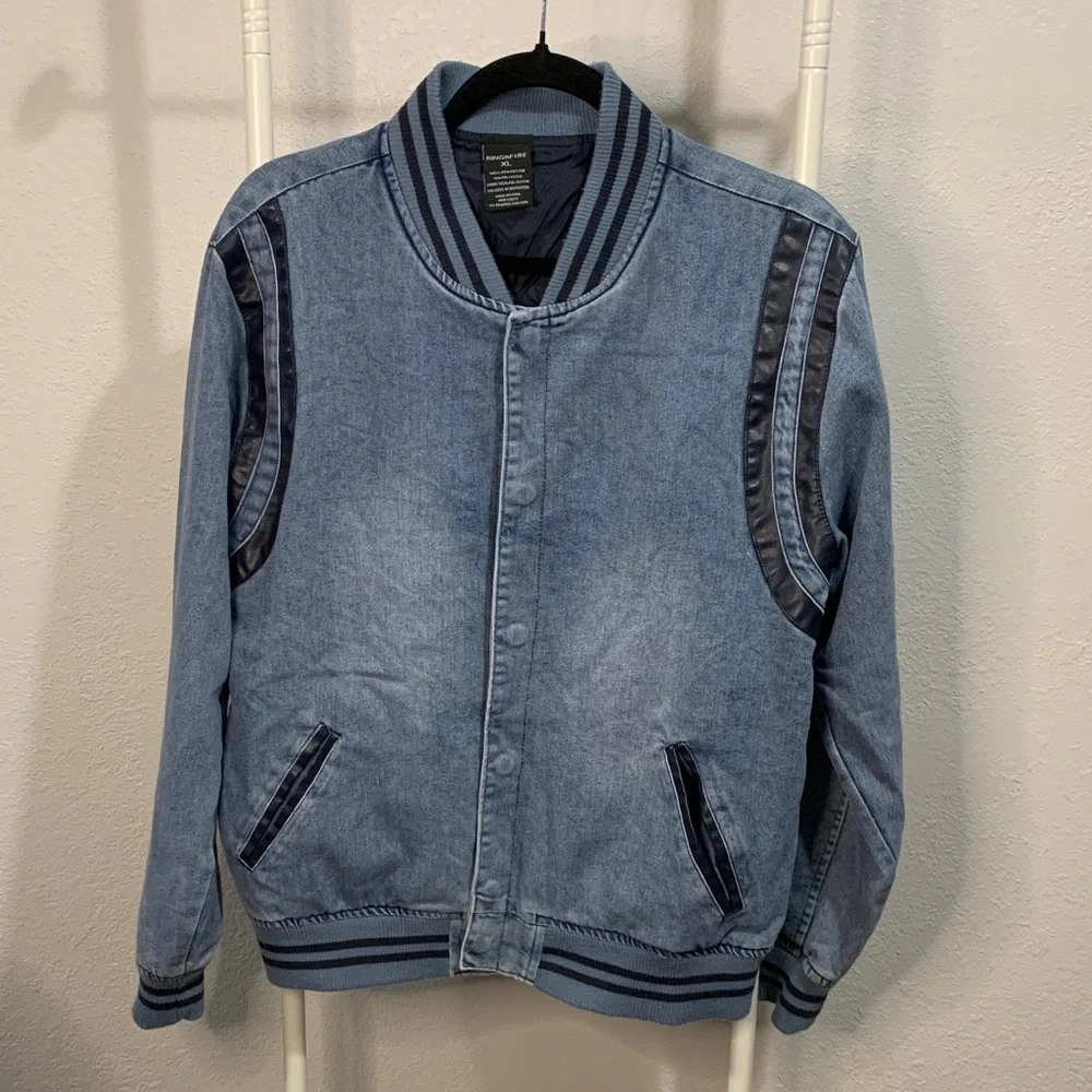 Ring‎ of Fire Blue Denim Bomber Jacket with Navy Accents