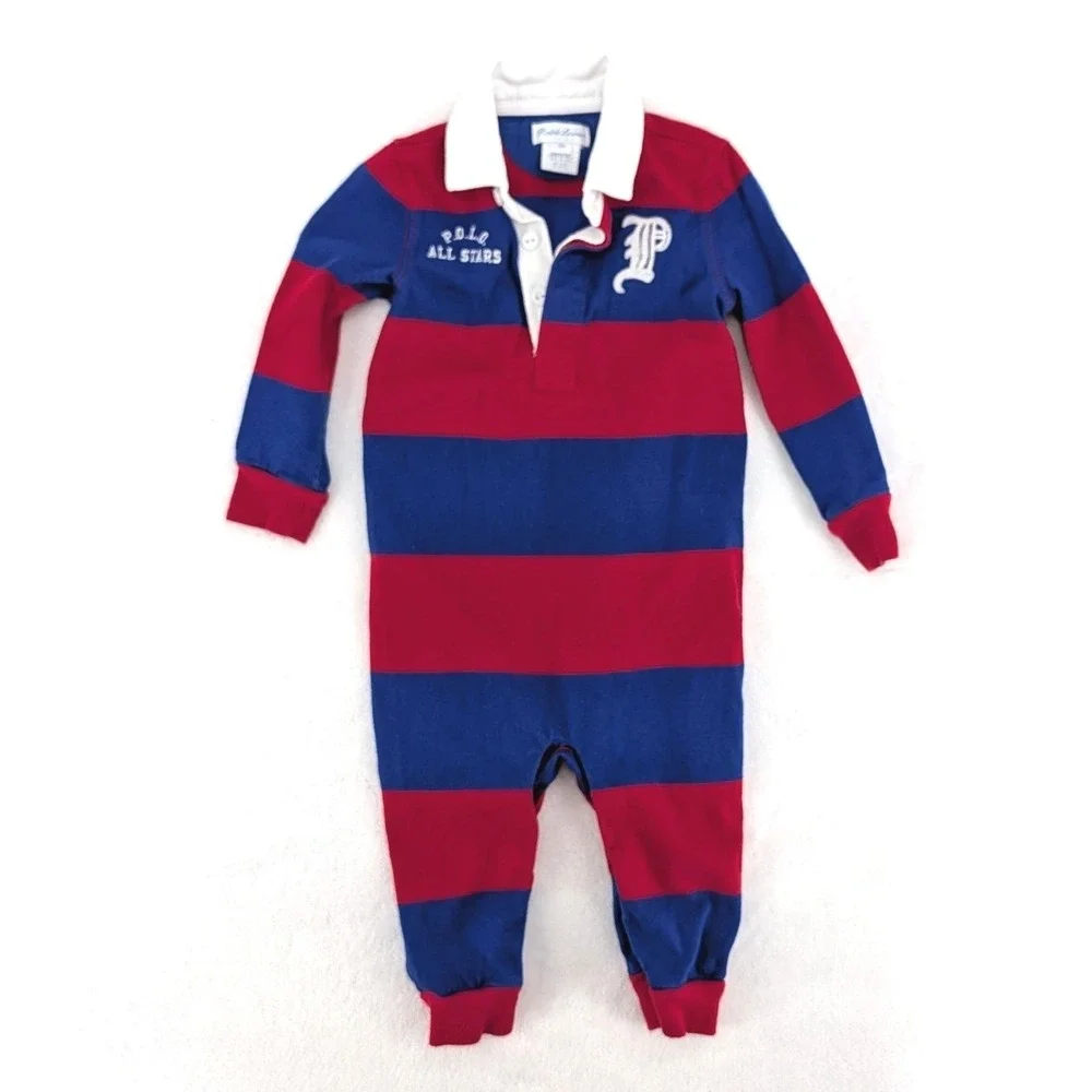 Ralph Lauren Rugby Romper Red Blue Striped All Stars Varsity 12M Bodysuit