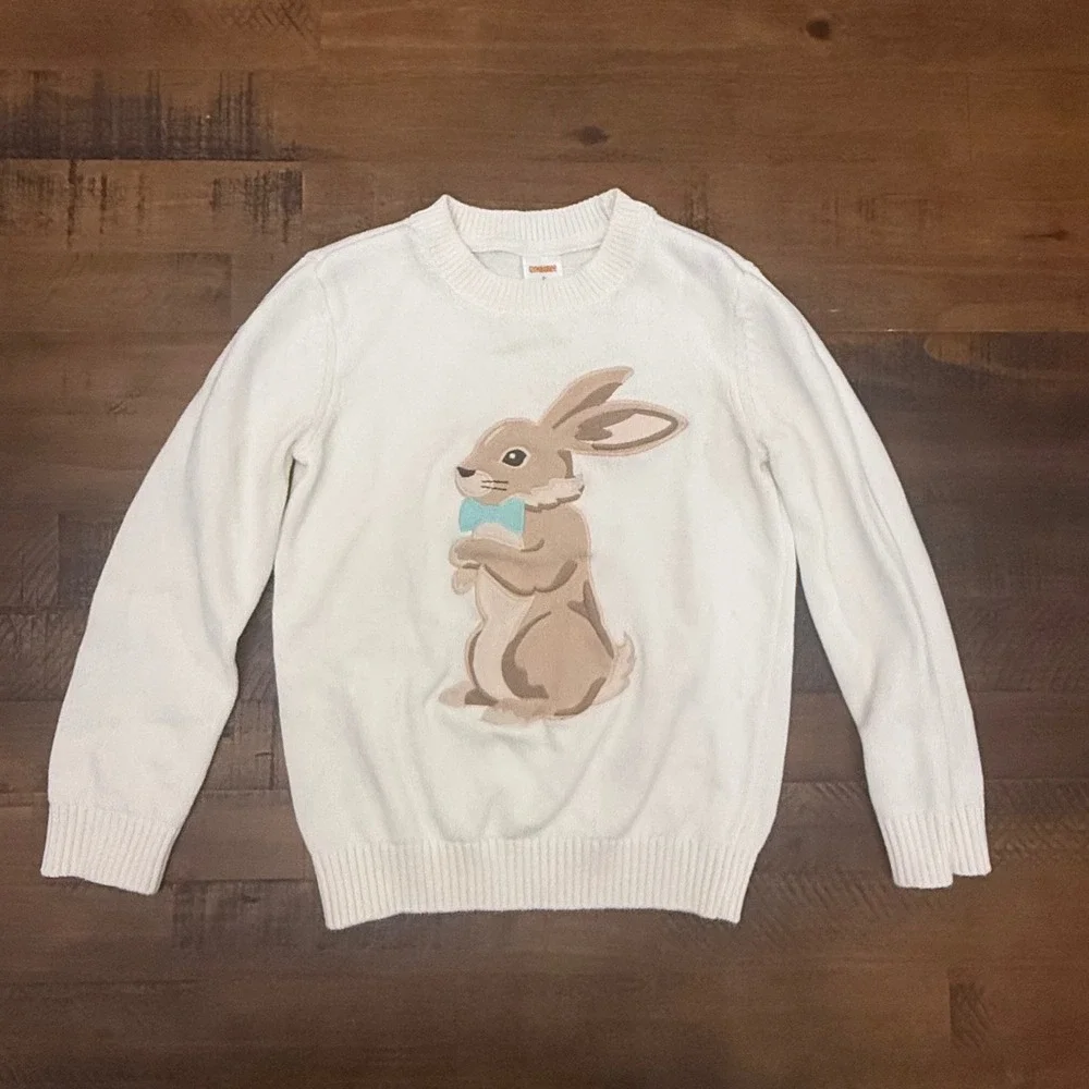 Gymboree Kids Cream White Bunny Rabbit Bow Tie Cotton Knit Sweater Size 6