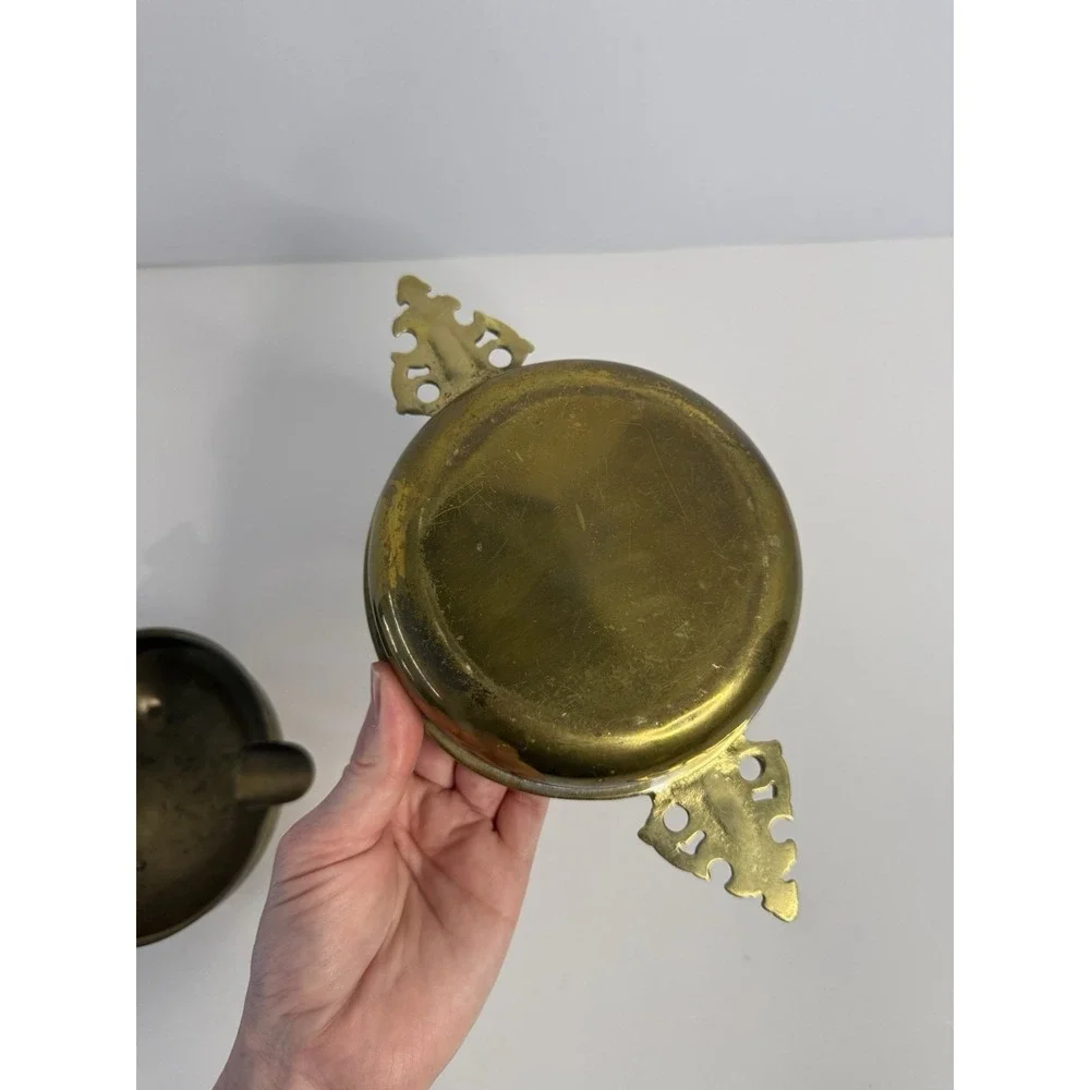 Vintage Solid Brass 3-Slot Ashtray & Decorative Handled Dish - Set of 2