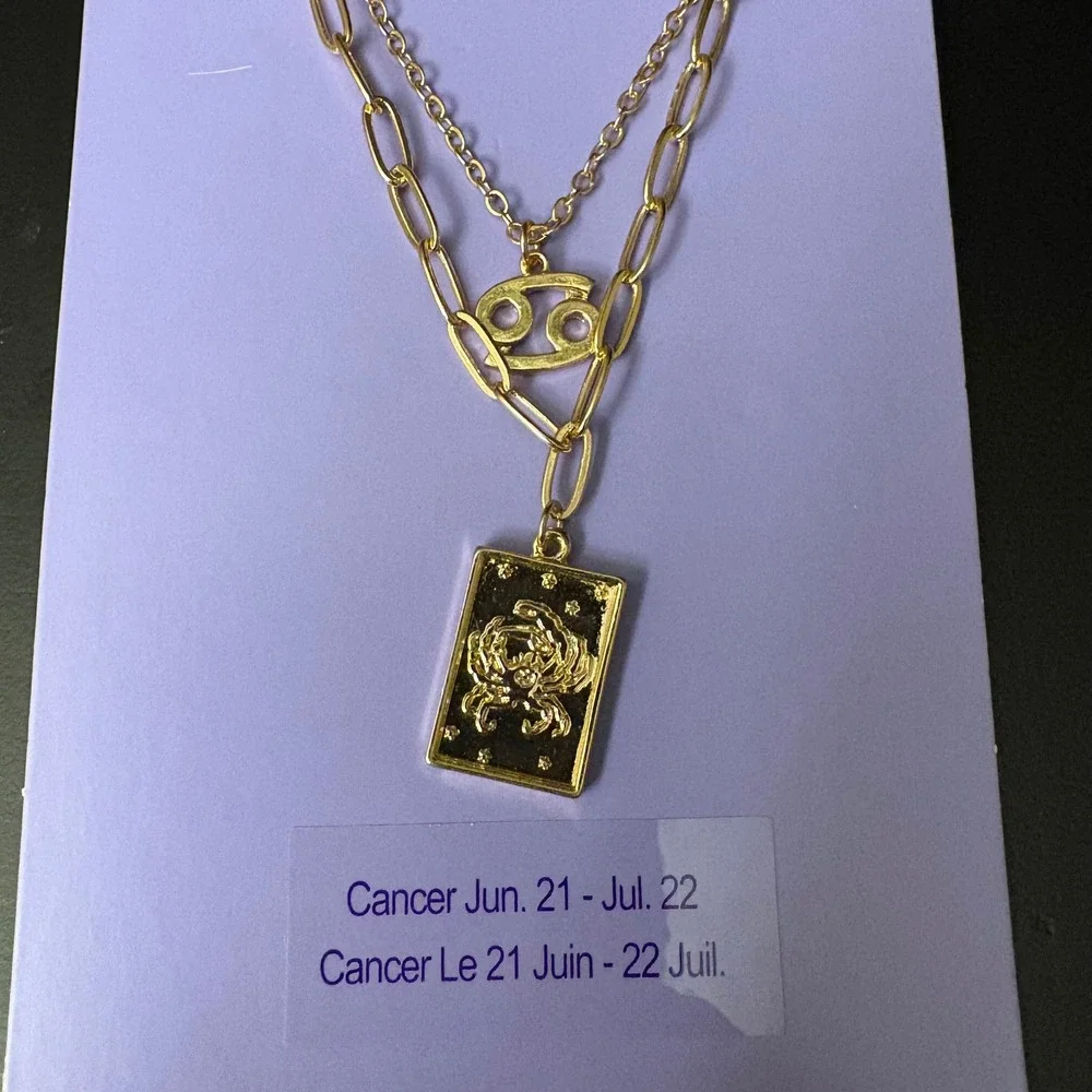 NWT Claires Gold Cancer Zodiac‎ Layered Set of 2 Necklaces July June Gift