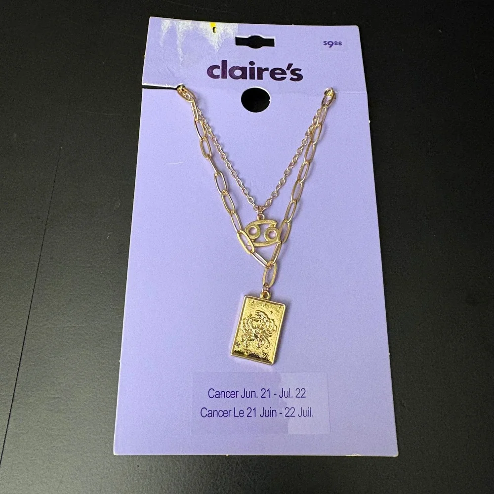 NWT Claires Gold Cancer Zodiac‎ Layered Set of 2 Necklaces July June Gift