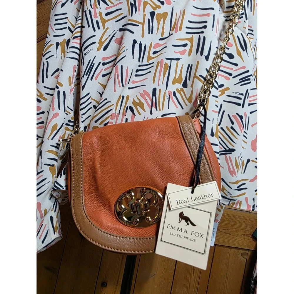 Emma Fox‎ Orange Leather Crossbody Bag Gold Flower Turn Lock Saddle Bag New