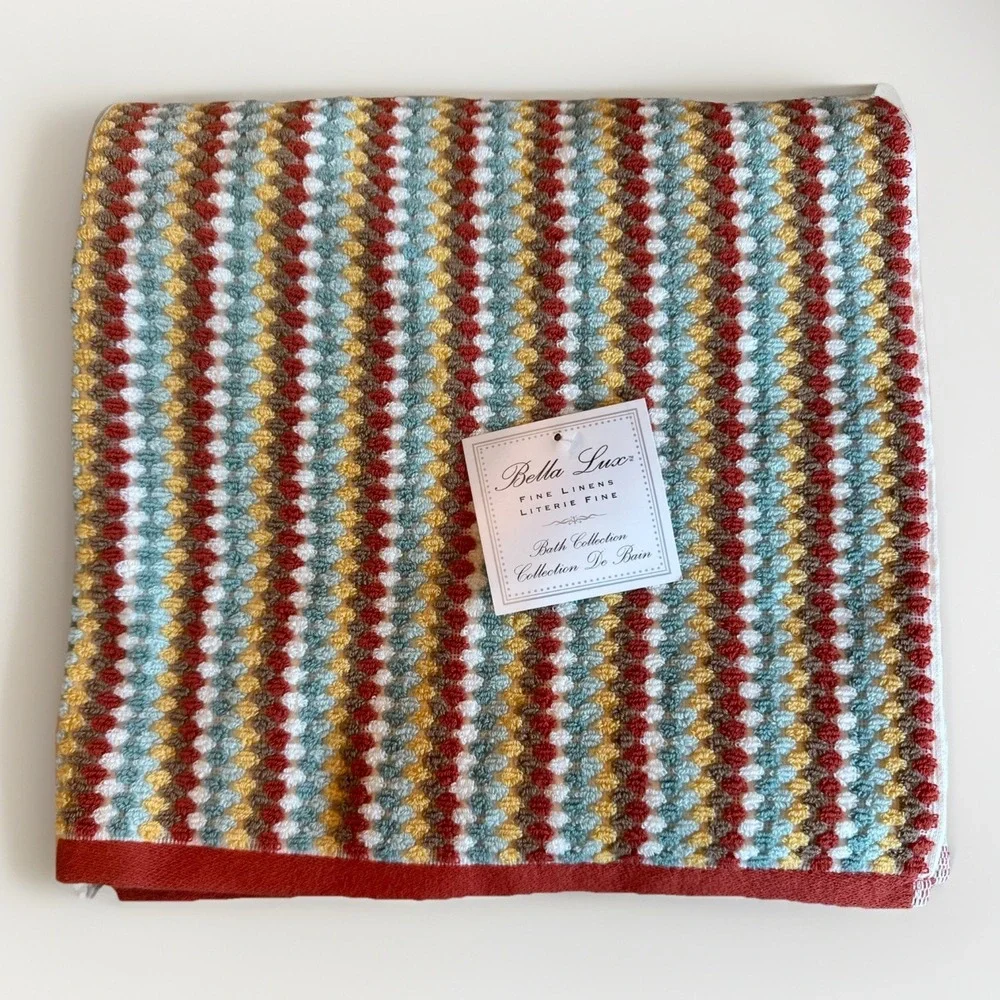 (2) Bella Lux Jacquard Chevron Bath Towel Textured Stripe‎ Aqua Rust Mustard New