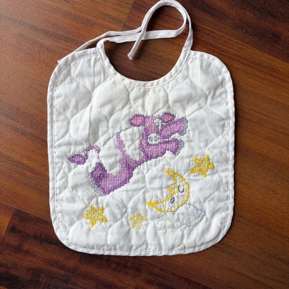 Baby‎ Ware Janlynn Quilted Bib Purple Cow Moon Stars Cross Stitch Tie