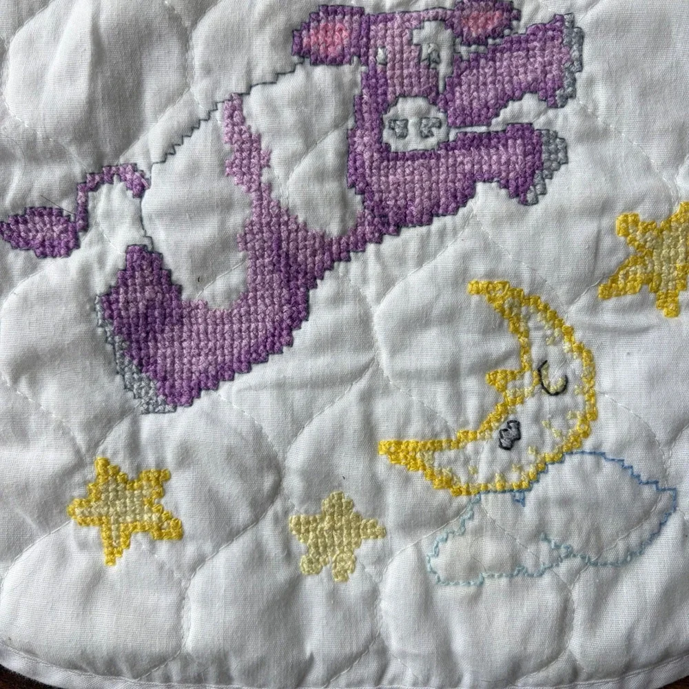 Baby‎ Ware Janlynn Quilted Bib Purple Cow Moon Stars Cross Stitch Tie