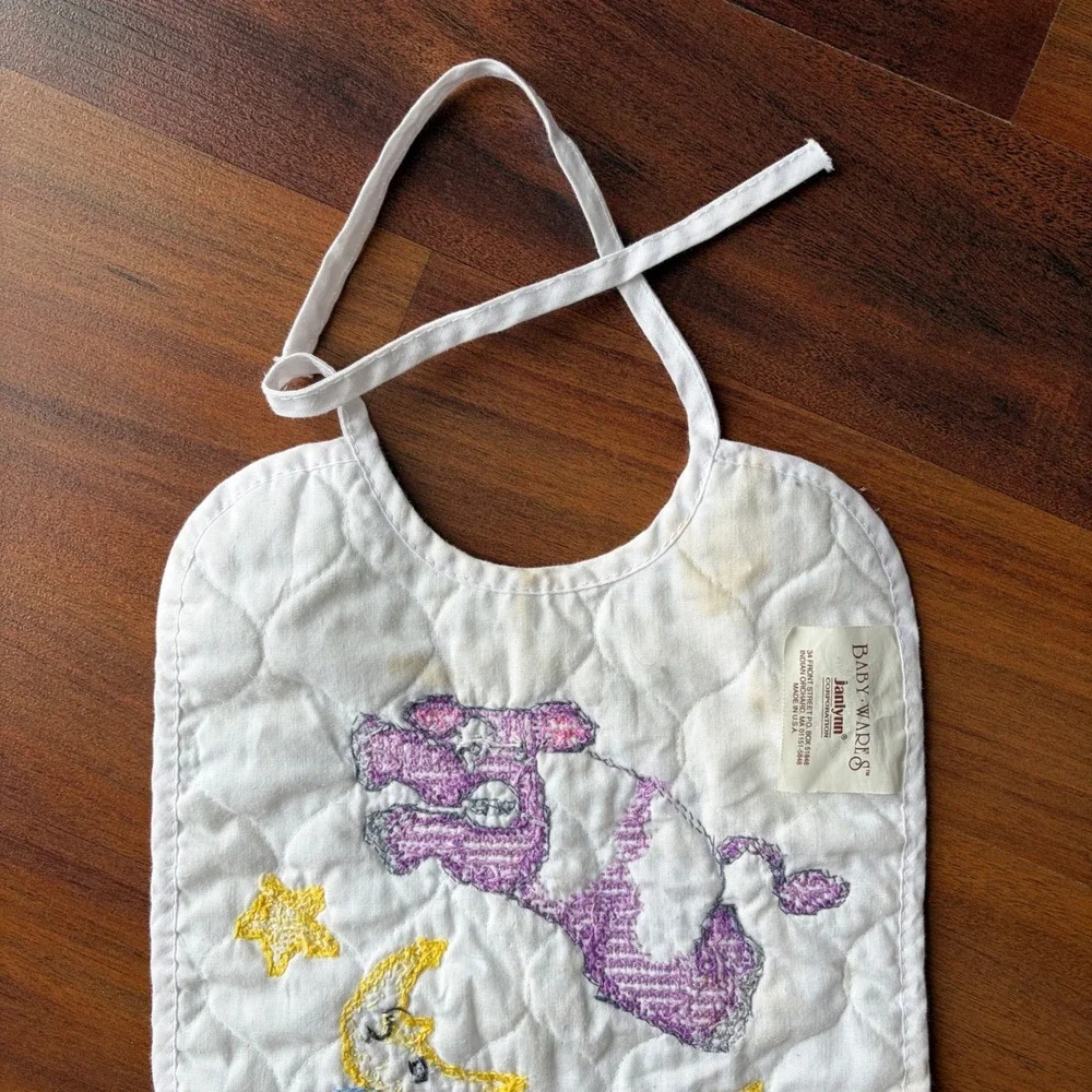 Baby‎ Ware Janlynn Quilted Bib Purple Cow Moon Stars Cross Stitch Tie