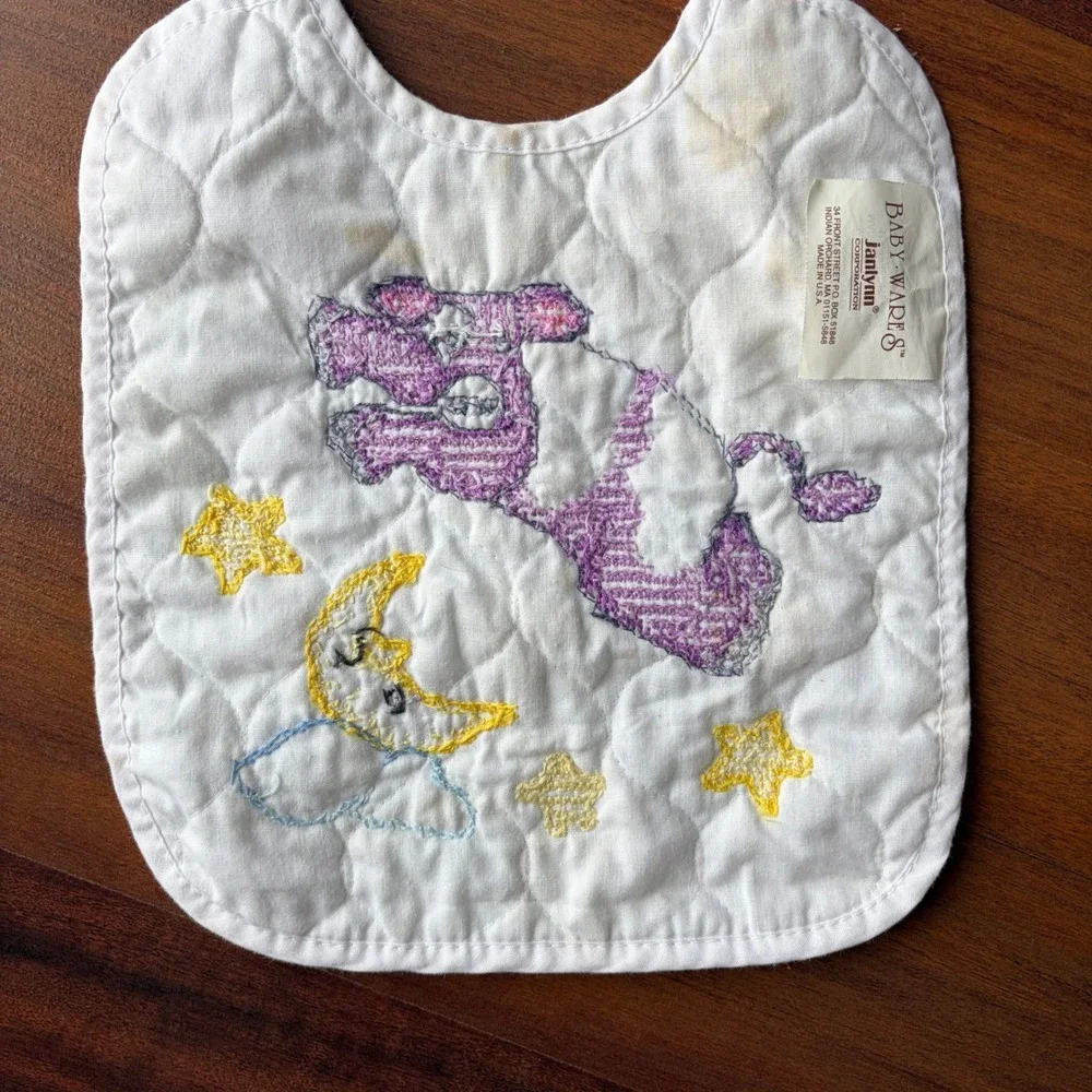 Baby‎ Ware Janlynn Quilted Bib Purple Cow Moon Stars Cross Stitch Tie