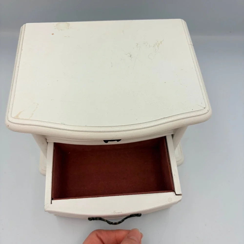 Vintage White Wooden Ballerina Musical Jewelry Box Wind Up Dresser Style