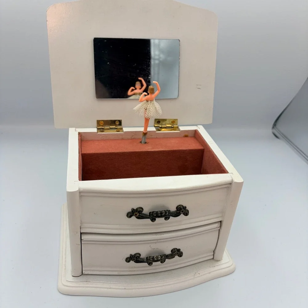 Vintage White Wooden Ballerina Musical Jewelry Box Wind Up Dresser Style