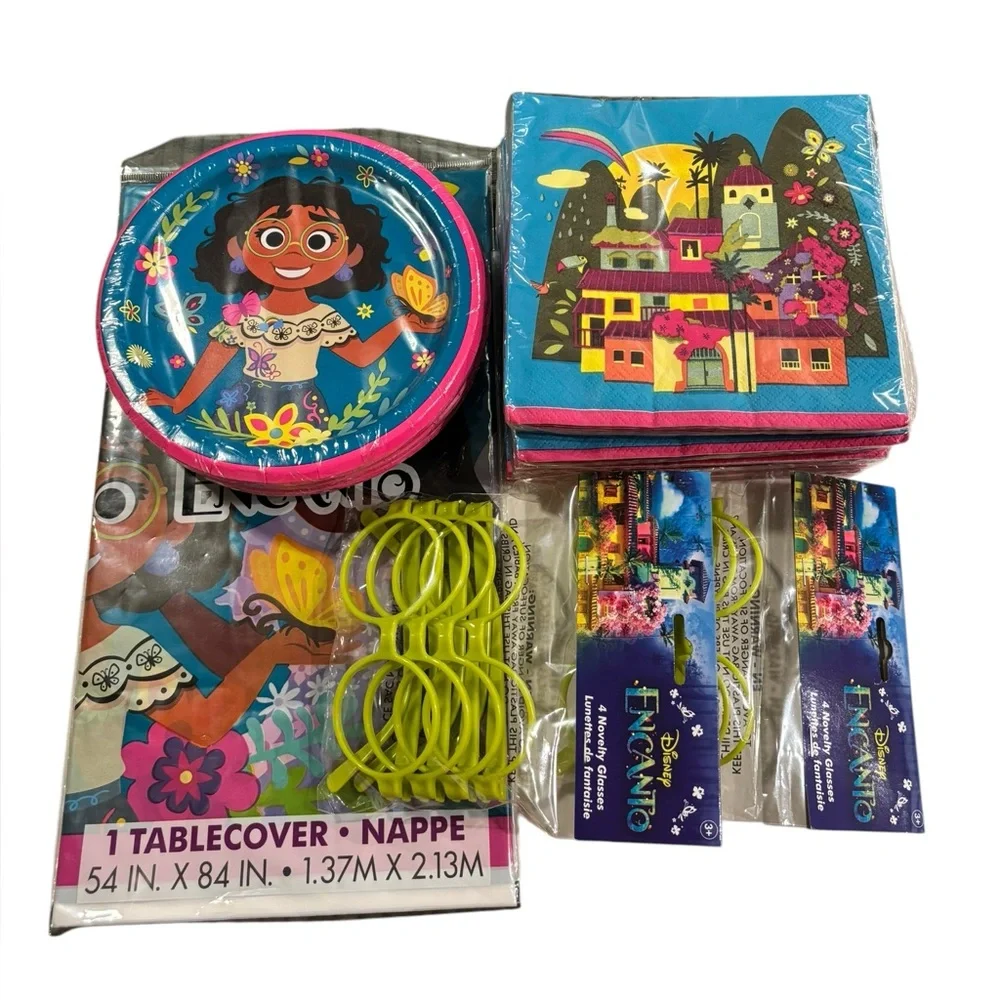 Disney Encanto Party Decor- Plates, Napkins, Tablecloth, Novelty Glasses- 11 pcs