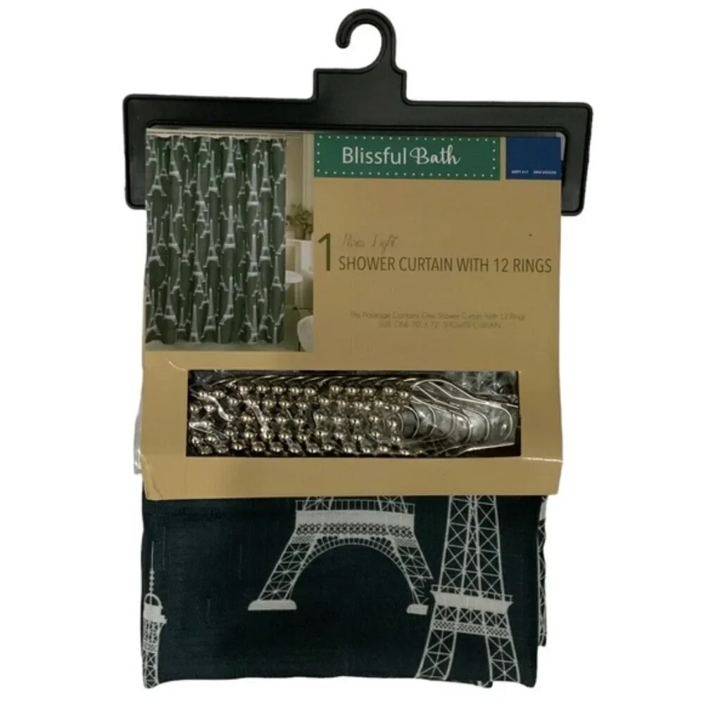 Blissful Bath Paris Shower Curtain Fabric Paris Eiffel Tower Hooks Black White