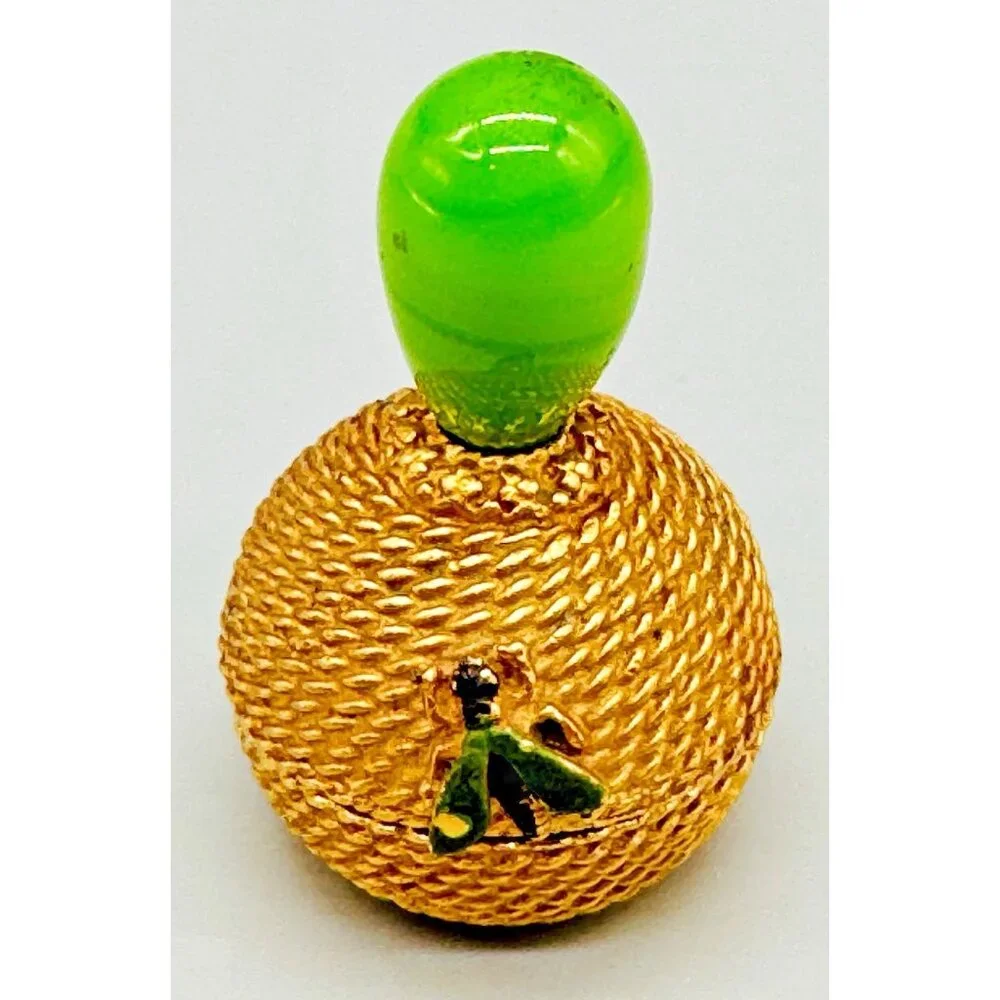 FLORENZA Jewelry Trinket Pill Box Insect Bug Bee‎ Enamel Hive Green Glass Top